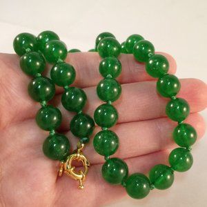 Natural 10mm Green Jade Gemstone Bead Necklace AAA Quality 18" Gold Clasp Gift